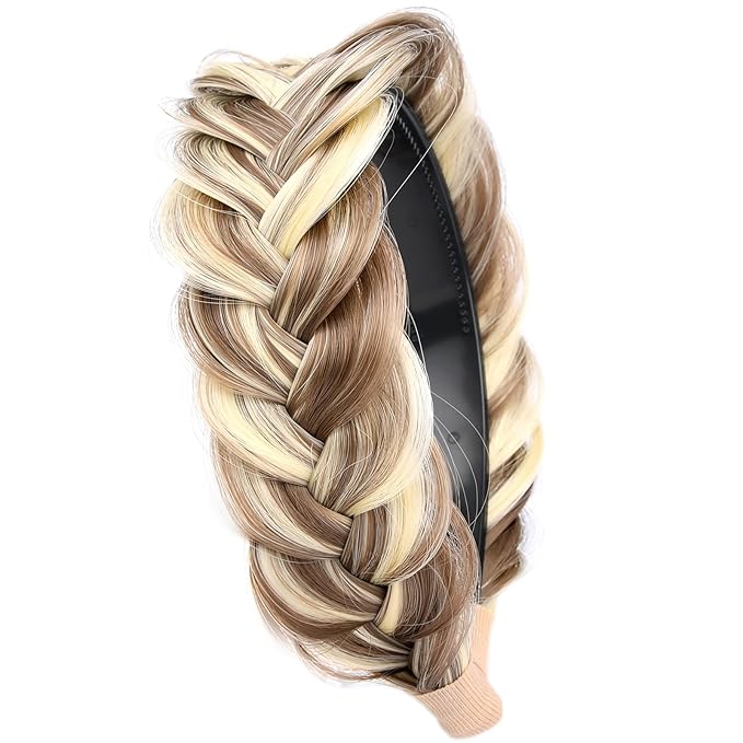 DIGUAN Wide Messy Braided Headband With Teeth Synthetic Hair Plaited Headband High Elasticity Braids Chunky Fishtail Braided Hair Band Hairpiece for Girls Wome (Light Highlighted)