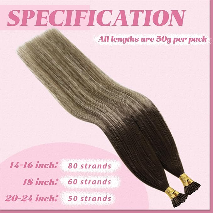 YoungSee I Tip Hair Extensions Human Hair Balayage Itip Hair Extension Real Human Hair Ombre 14 Inch Itip Human Hair Extension Dark Brown Ombre Brown Tip Hair Extension for Short Hair 80s 50g