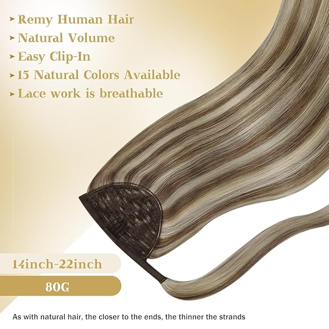 Ve Sunny Hair Extensions Ponytail Real Human Hair Wrap Around Clip in Ponytail Hair Extensions Straight Extensions Human Hair for Women Light Brown Highlights Platinum Blonde 22inch 80G