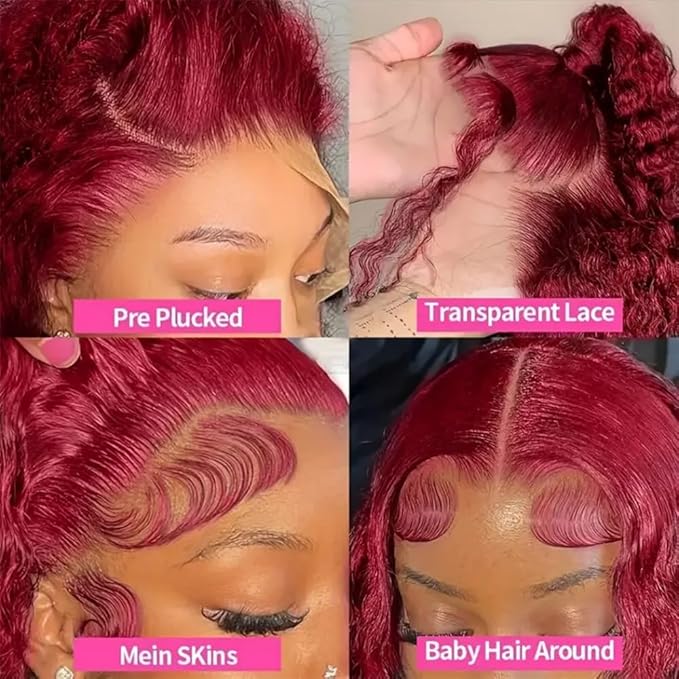 30 Inch 99J Burgundy Deep Wave Lace Front Wigs Human Hair 200% Density 13x6 HD Lace Frontal Wigs for Women 100% Real Human Hair No Synthetic Blend No Tangle No Shedding Triple Lifespan 3X
