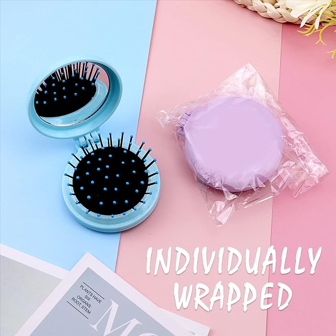 20 Pack Folding Travel Mirror Hair Brushes Round Folding Pocket Hair Brush Mini Hair Comb Compact Travel Size Hair Massage Combor Women and Girls (5Colors)