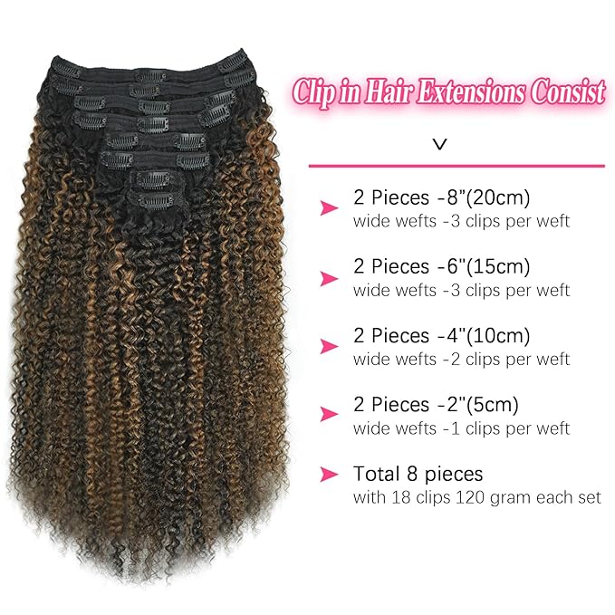 3c 4a Curly Clip in Hair Extensions T1BP1B/30 Omber Kinky Curly Clip ins For Women Brazilian Virgin Clip on Hair (22inch,T1BP1B/30)