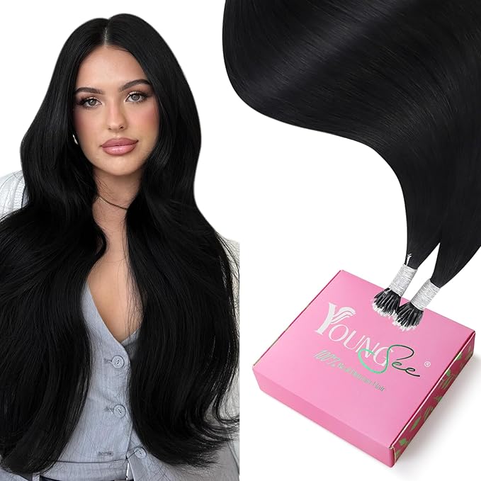 YoungSee Nano Ring Hair Extensions Human Hair 24 Inch Nano Beads Hair Extensions Black Nanoring Hair Extension Real Human Hair Cold Fusion Nano-Tip Hair Extension Jet Black Hair 50s 50g