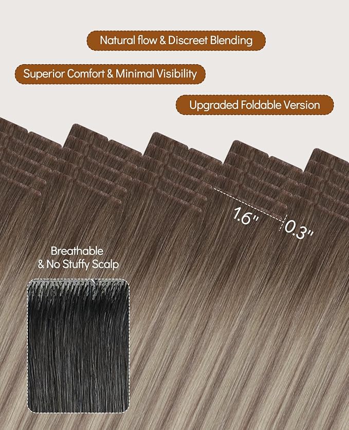 VINBAO Invisible Injected Tape in Hair Extensions Human Hair Balayage Ash Brown and Blonde Mixed with Ash Blonde Invisi Edge Tape in Hair Extensions 20pcs 45g 16inch #8/60/18