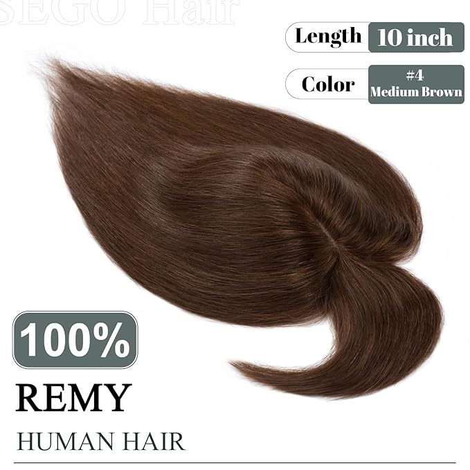 SEGO Hair Toppers for Women Real Human Hair with Thinning Hair, Toppers Hair Pieces Clip in Toppers Straight Hair Pieces with Front Bangs 150% Density Silk Base -10 Inch #4 Medium Brown