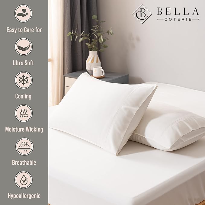 Bella Coterie | Luxury Bamboo Viscose Standard Size Pillowcase Set | 100% Organically Grown | Ultra Soft | Cooling | 2 Pcs [Ivory]