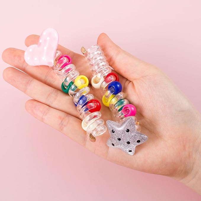 4PCS Star Heart Spiral Hair Ties with Beads, 2 Colors Star Heart Bead Phone Cord Ponytail Holders for Women, Elegant Rubber Hair Coils, Stylish Hair Accessories for Party, Daily Use