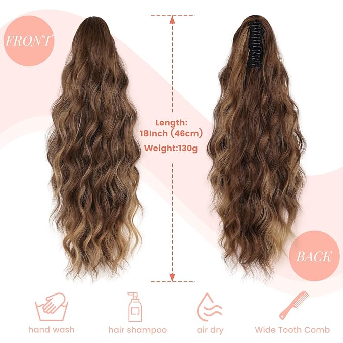 18" Ponytail Extension, Claw Clip Ponytail Extensions for Women Wavy Pony Tails Hair Extensions Fluffy Natural Looking Synthetic Hairpiece for Daily Use (Light Brown Mixed Honey Gold)