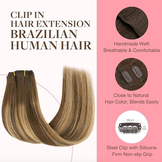 GOO GOO Clip in Hair Extensions Real Human Hair, Remy Human Hair Extensions Clip ins for Women, Natural Human Hair, 20inch 80g 2Pcs, #4/27/4 Balayage Chocolate Brown to Caramel Blonde