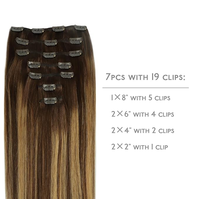 WENNALIFE Clip in Hair Extensions Real Human Hair, 22 Inch 120g 7pcs Balayage Chocolate Brown to Caramel Blonde Remy Hair Double Weft Straight Natural Extensiones De Cabello Humano Con Clip Ins