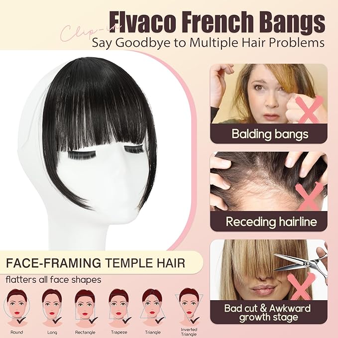 Clip in Bangs, Synthetic Wispy Bangs Hair Clip, Natural Black Fake Bangs Fringe with Temples Hairpieces for Women Natural Curved Hair Extensions for Daily Wear