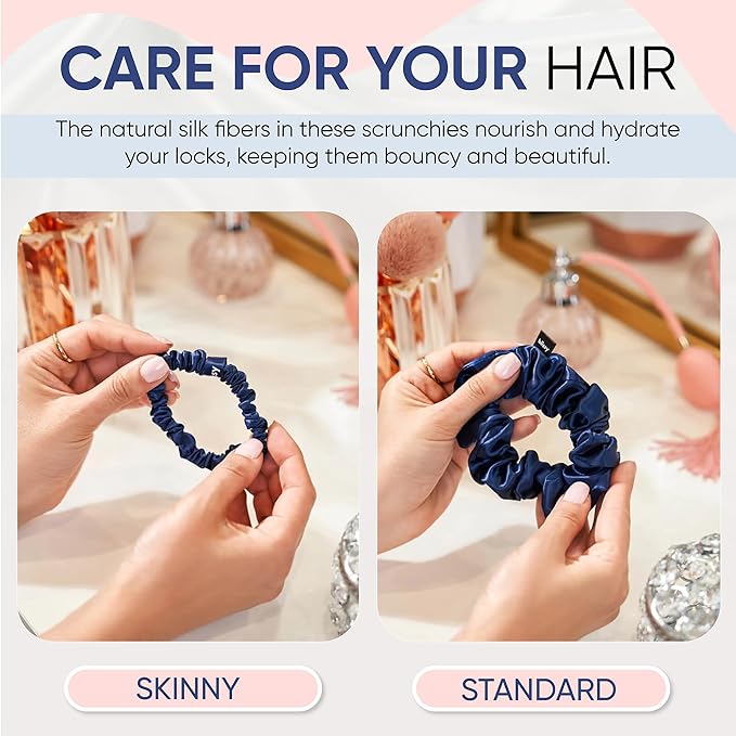 Blissy Silk Scrunchies (3 Pack) - 100% Pure Mulberry Silk - 22 Momme 6A High-Grade Fibers Scrunchie for Straight & Curly Hair - Preventing Breakage, Tangling, & Creasing (Blue Skinny)