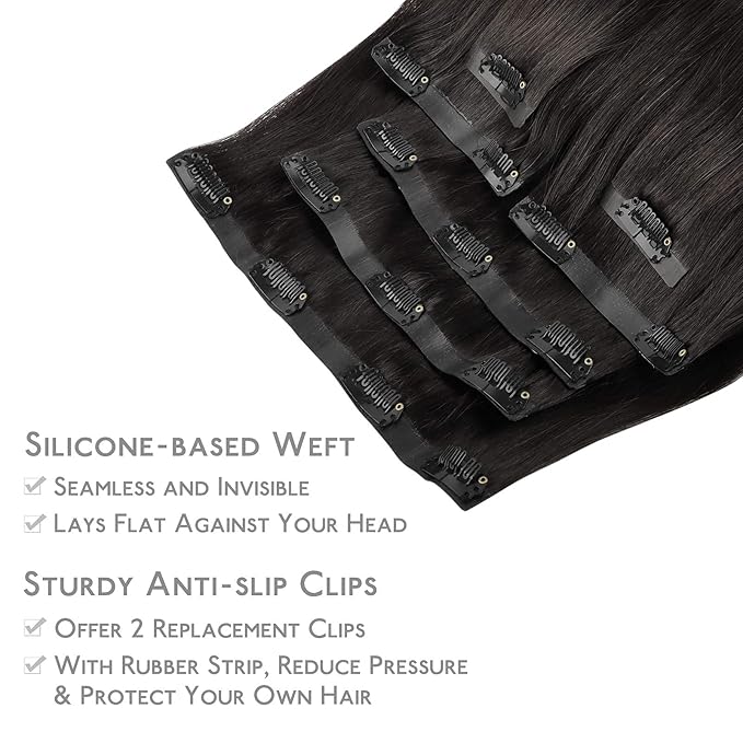 WENNALIFE Seamless Clip In Hair Extensions, 16 Inch 130g 7pcs Natural Black Hair Extensions Clip in Human Hair Invisible PU Skin Weft Natural Remy Human Hair Extensions