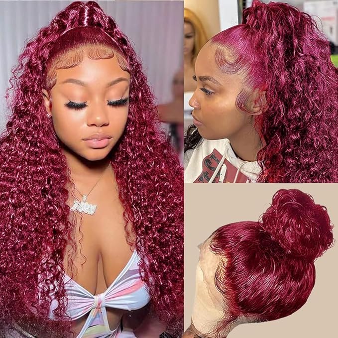 30 Inch Burgundy Wig Human Hair Deep Wave, Hidden Strap 360 Lace Front Wigs Human Hair Pre Plucked Pre Cut Glueless Drawstring, 99J Burgundy Curly Human Hair Wig for Women