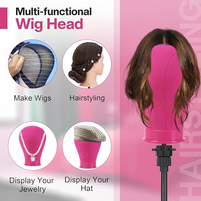 Neverland Beauty & Health 23 Inch Wig Head, Wig Stand Tripod with Head, Wig Head Stand with Mannequin Head for Wigs, Wig Stand with Head, Adjustable Tripod Manikin Head Set for Cosmetology(Rose Red)