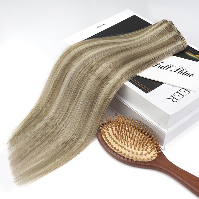 Full Shine Invisible Clip in Hair Extensions Human Hair 18 Inch Brown Highlight Blonde Clip in Extensions for Women Straight Remy Hair Extension 3 PCS 60 G