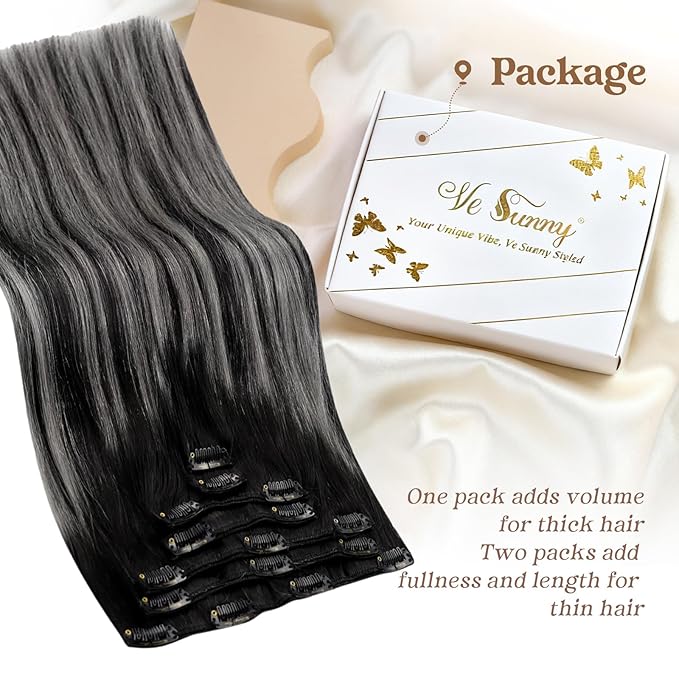 Ve Sunny Clip in Hair Extensions Black Hair Extensions Real Human Hair Silver Clip in Human Hair Extensions Balayage Human Hair Clip in Extensions Ombre Ease of Use 100g 7pcs 14inch