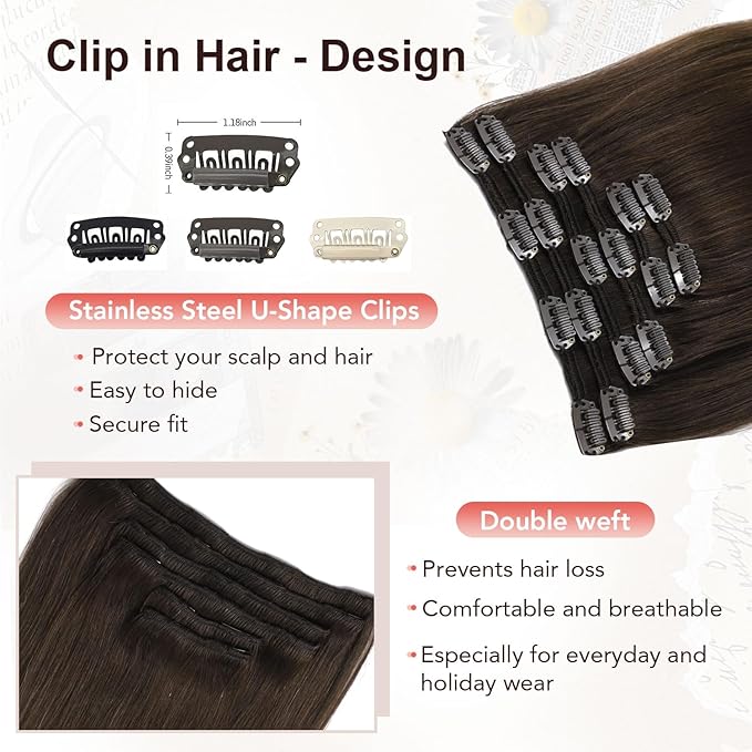 XDhair Human Hair Clip in Extensions 100g 6pcs Balayage Clip in Hair Extension Ombre Hair Extensions Clip ins Dark Brown to Dirty Blonde 14 Inch #2/6/18