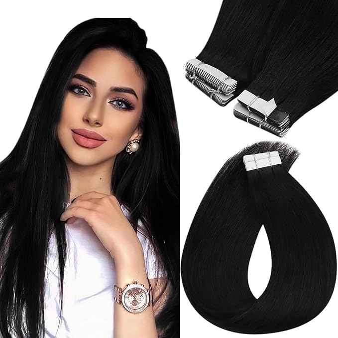 Sunny Hair Tape in Hair Extensions Human Hair 12inch Hair Extensions Real Human Hair Tape in Extensions for Women Jet Black Invisible Remy Hair Natural Straight Skin Weft Double Sided Tapes 40pcs 60g