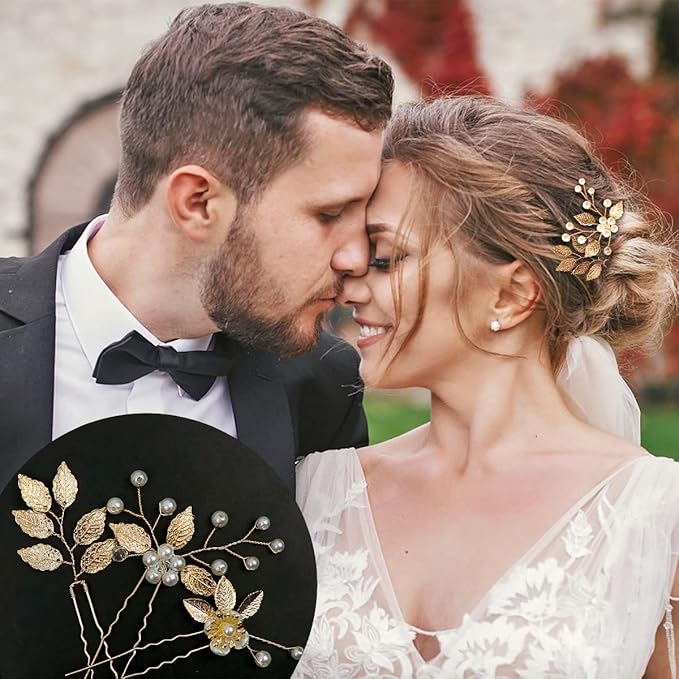 6 Pieces Bridal Wedding Hair Pins Gold Leaf Crystal Pearl Hair Pins Clips Headpiece Vintage Wedding Hair Accessories Jewelry with Rhinestone for Brides Bridesmaids Flower Girls (Lovely)