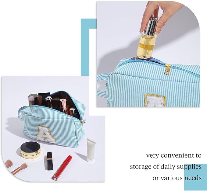 YOOLIFE Makeup Bag - Initial Monogram Cosmetic Bag, Personalized Blue Makeup Pouch Case for Women