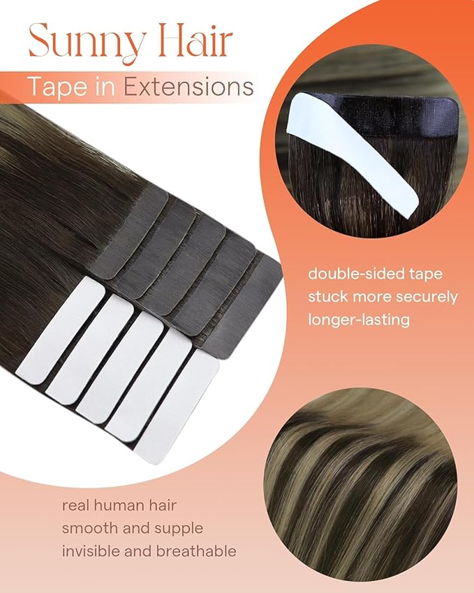 Sunny Tape in Hair Extensions Human Hair Dark Brown Balayage Blonde Hair Extensions Real Human Hair Tape ins 14 Inch Tape in Extensions 20Pcs 50g