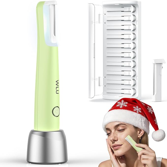 Dermaplane Razor for Women Face, WLU Rechargeable Face Dermaplaning Tool – Peach Fuzz, Facial Hair & Exfoliation Removal, Sonic Technology with LED Light, 3 Speeds & 10 Blades (Green)