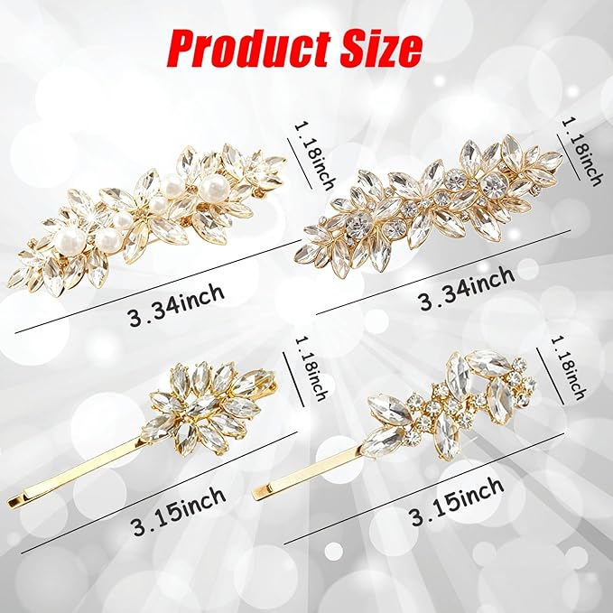 4 Pieces Rhinestone Bridal Hair Clip,Crystal Hair Clips, Rhinestone Jewelry Barrette vintage hair accessories pearl hair clips hair accessories for women wedding Golden leaves Golden/Silver pearls