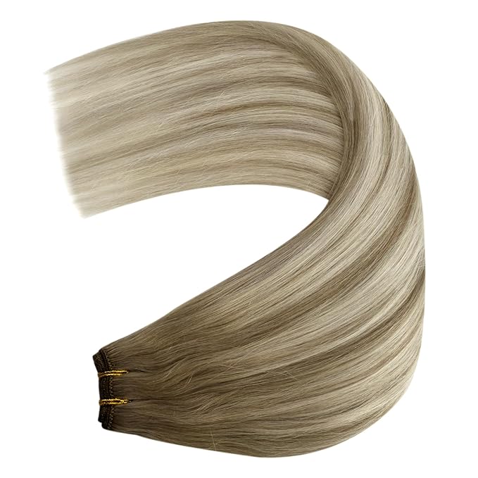 YoungSee 125G Human Hair Sew in Extensions Light Brown Mix Platinum Blonde Weft Hair Extensions Balayage Sew in Hair Extensions Real Human Hair for Thin Fine Hair 22Inch