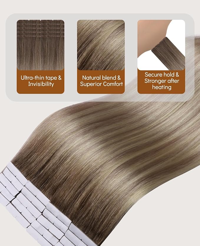 VINBAO Invisi Edge Tape in Hair Extensions Human Hair, Balayage Ash Brown Fading to Blonde and Ash Blonde Injected Tape in Extensions Seamless 40g 20pcs 14inch #8/60/18