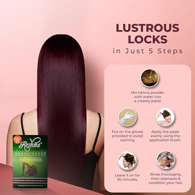Reshma Beauty 30 Minute Henna Hair Color Infused with Organic Henna Lawsonia Inermis 100% Gray Coverage for Soft, Shiny Hair, Plant-Based Hair Dye—1.05 oz Pack of 1 (Burgundy)