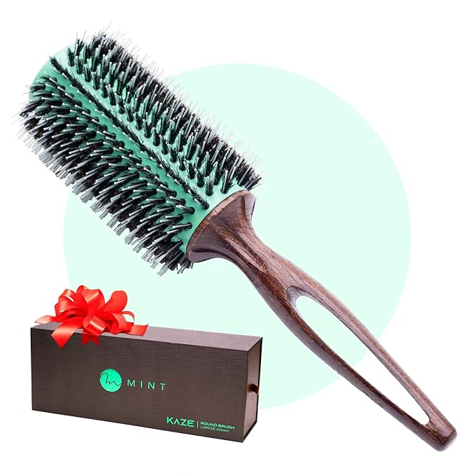 MINT Eco-Friendly Boar Bristle Round Brush for Blow Drying | Durable Blowout Styling for All Hair Types | Ceramic Round Brush with Hand-Crafted Wooden Handle (40 mm)