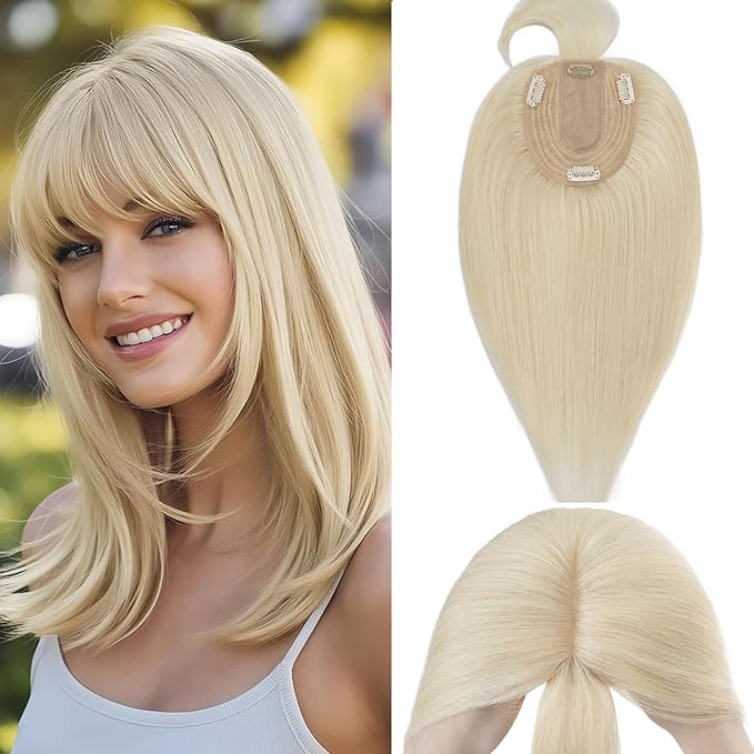 Rich Choices Real Human Hair Toppers for Women With Bang 100% Remy Human Hair Topper for Thinning Hair Clip in Silk Base Hair Topper 16 Inch #60 Platinum Blonde