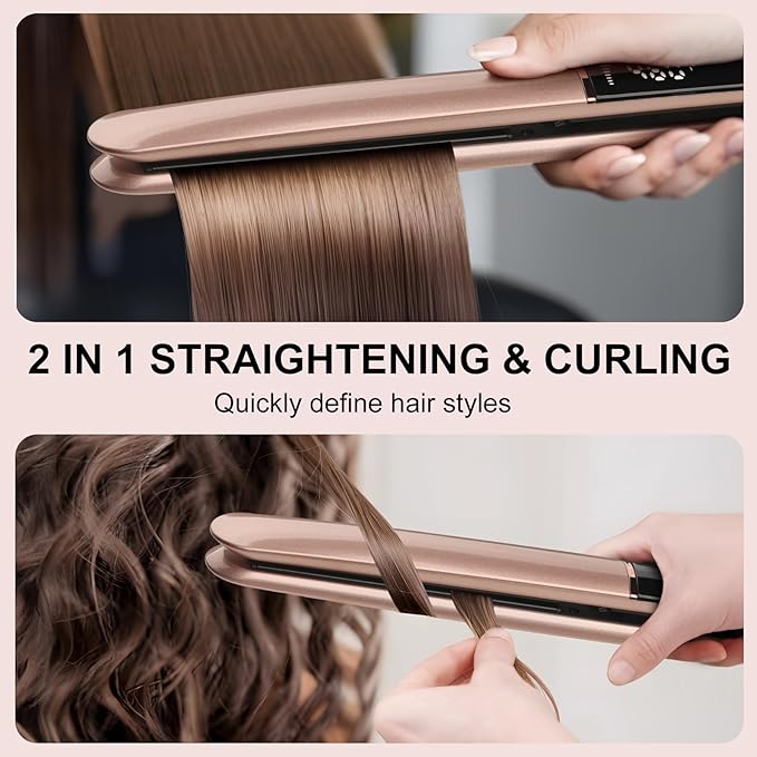 Hair Straightener with Ceramic Floating Plates for Sleek, Smooth & Soft, Dual Voltage Digital Display 150°C–230°C Ceramic Hair Flat Iron and Curler 2 in 1 for All Hair Types