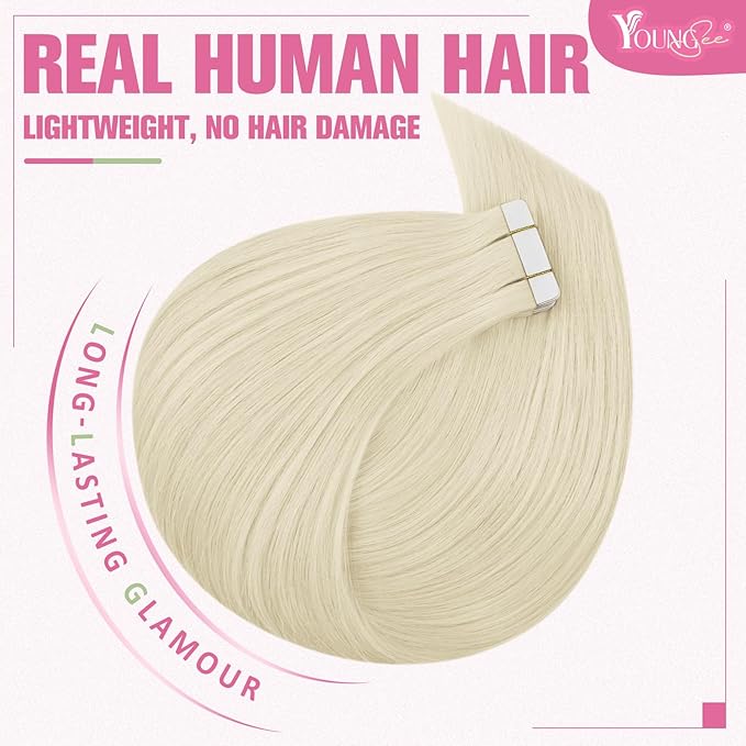 YoungSee Platinum Blonde Tape in Hair Extensions Real Human Hair 22In Platinum Blonde Tape in Hair Extensions 20pcs Invisible Tape-in Extension Long Tapes in Hair Extension Human Hair Straight 50g