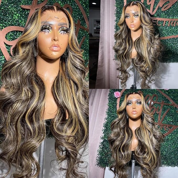 32 Inch Balayage Highlight Lace Front Wig Human Hair FB/27 Body Wave Lace Front Wigs Human Hair 13x6 HD Lace Glueless Wig for Black Women 180% Density Honey Blonde Balayage Wig Human Hair