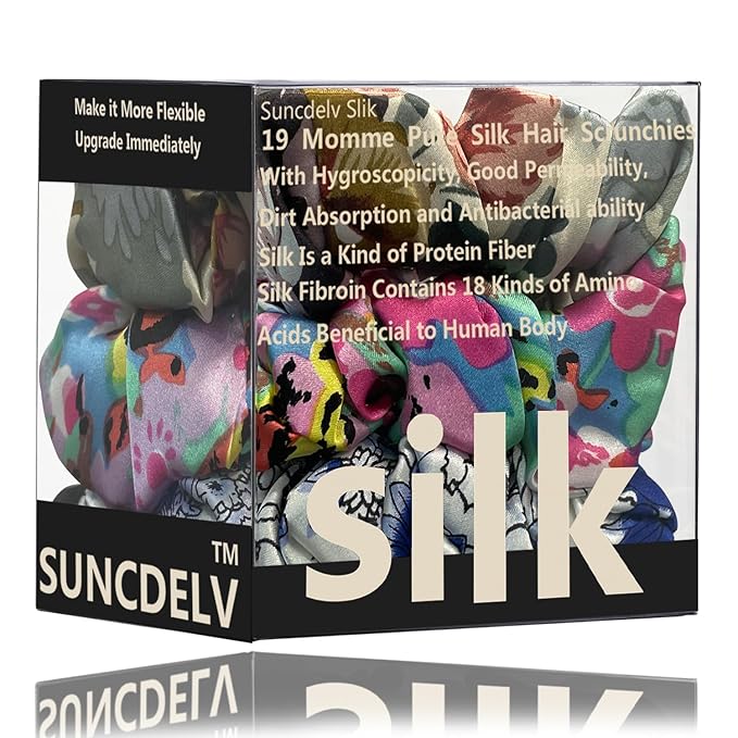 Suncdelv Silk,100% Silk Scrunchies for Hair,22 Momme Hair Ties for Anti-Crease & Breakage,Natural Women Hair Accessories，Fashion Hairbands 3PCS （watercolour）