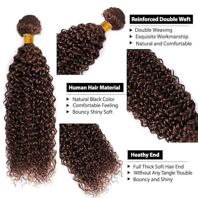 Chocolate Brown Human Hair Bundles Color 4 Kinky Curly Bundles Double Weft Niegmeag Grade 8A Brazilian Virgin Remy Hair Single Bundle 14 Inch
