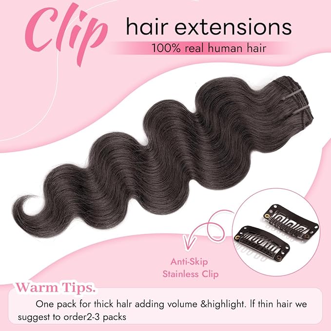 Clip in Hair Extensions Real Human Hair Body Wave 2 Dark Brown Clip in 100% Brazilian Remy Human Hair Extensions 8pcs Per Set with 18 Clips Double Weft 16 Inch 90g/3.6oz