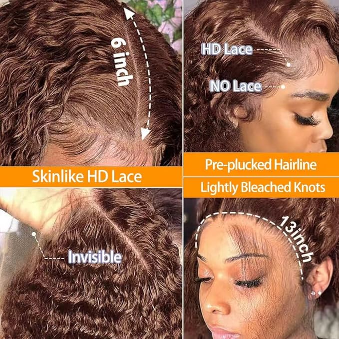 250% Density SKINLIKE Real HD Lace Wig, 13x6 Full Frontal 0.10mm Ultra-thin HD Lace Front Wigs Human Hair Pre-Plucked Bleached Knots Invisible Lace Chocolate Brown Deep Wave Human Hair Wigs 26 Inch