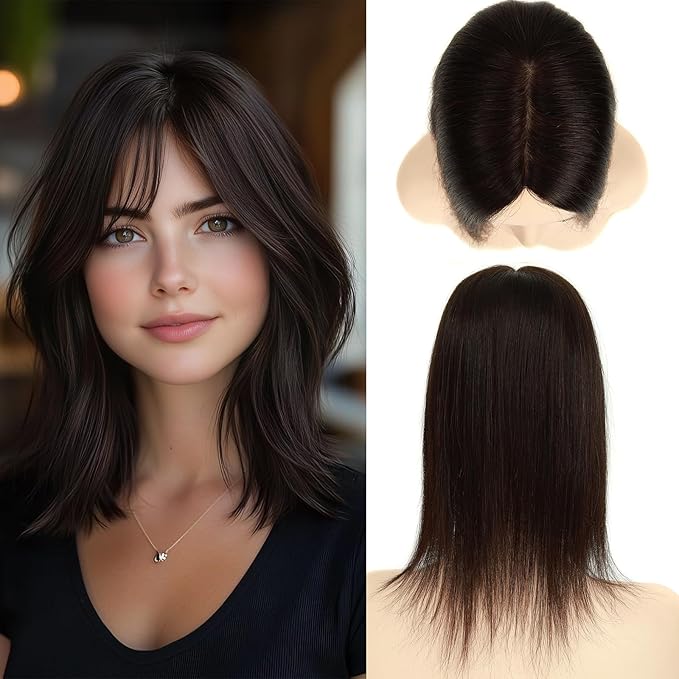 Hair Toppers for Women Real Human Hair, 3x5 Inch Injected Silk Base No Bangs 14 Inch Length 130% Density Hairpieces #1C Natural Black (Subtle Red Undertones in Sunlight)