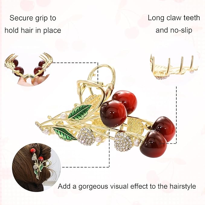 3 Pack Metal Cherry Hair Claw Clips with Rhinestones, Cute Rabbit & Squirrel Gold Clamps, 4.3 Inch Large Non-Slip Jaw Clips for Thick Hair, Summer Coquette Aesthetic (Red & Gold)