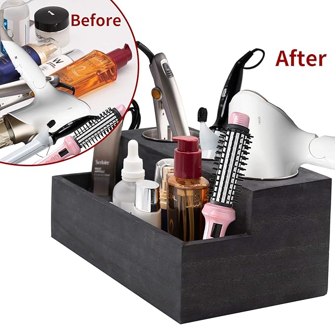 Wooden Hair Dryer Holder - Rustic Hair Tools Organizer with 3 Circular Holes and 1 Compartment, Bath Accessories Supplies Organizer for Bathroom Vanity Countertop Storage Hair Dryer, Vintage Black