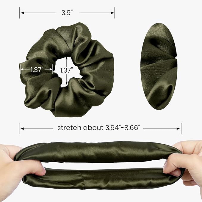 LILYSILK Silk Hair Scrunchies/Ties for Frizz & Breakage Prevention, 100% Mulberry, No Damage, Elastic ponytail Holders, 1Pc, Olive Green