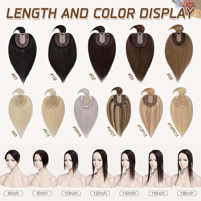 Rich Choices Real Human Hair Topper With Bang for Women - 100% Remy Hair for Thinning Hair, Clip in Silk Base, 12 Inch #613 Bleach Blonde