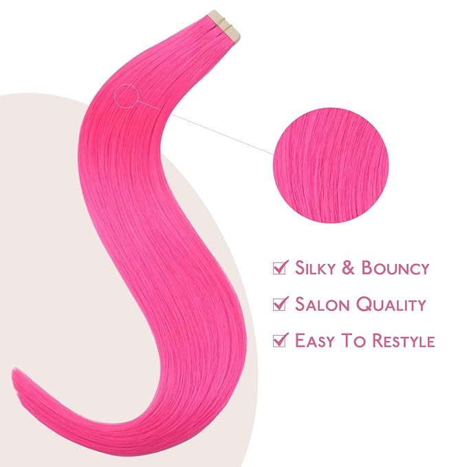 WENNALIFE Tape in Hair Extensions Human Hair Hot Pink Tape in Extensions, 10pcs 30g 22 inch Remy Invisible Tape Ins Straight Colored Soft Real Human Hair Tape in Extensions Refill Set Extensions