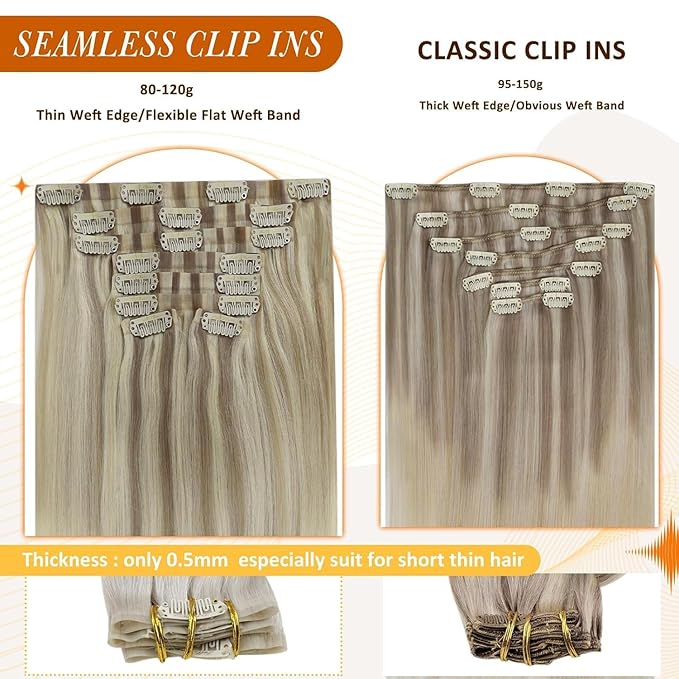 Full Shine Balayage Seamless Clip in Hair Extensions Ash Blonde Balayage Light Blonde Mix Platinum Blonde Hair Extensions for Thin Hair Washability 12 Inch 8 PCS 95 G