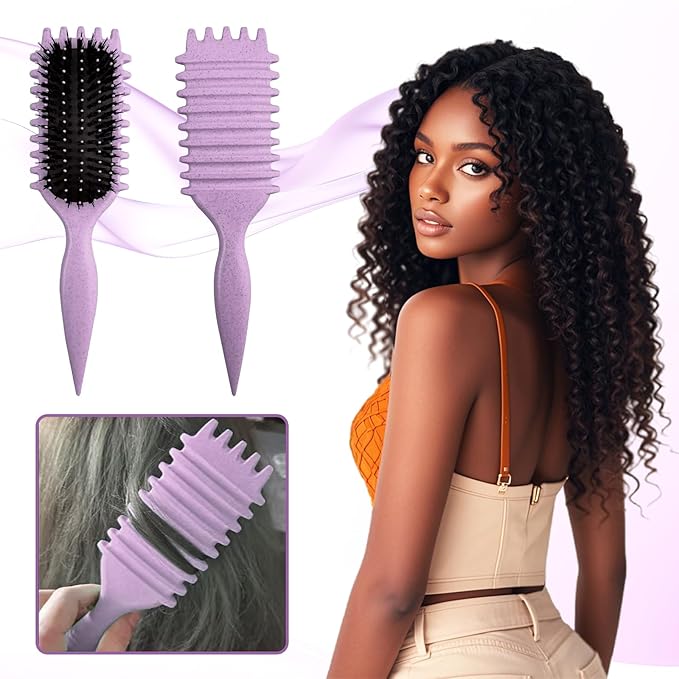 Curly Hair Brush,Curl Defining Brush,Boar Bristle Hair Brush for Combing and Shaping,Reduce Pulling and Curl Separation For Defined Curls(Purple)