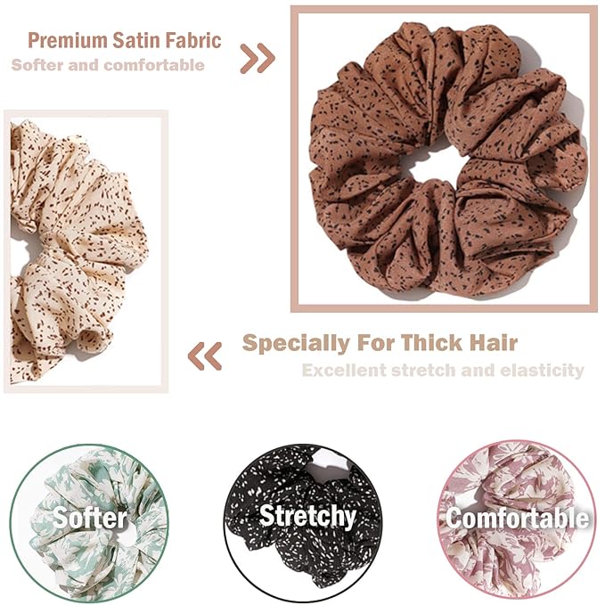 IVARYSS Extra Large Scrunchies for Women's Hair, Premium Satin Soft Jumbo Scrunchy, XL 6 inch Big Elastic Thick Band Hair Accessories, 4 Pack, Dots