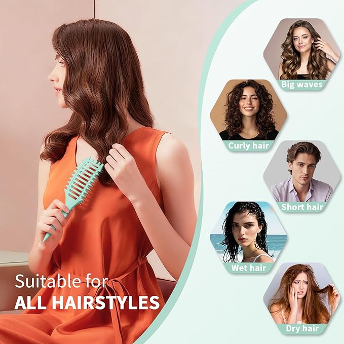 Curl Defining Brush, 4-in-1 Curly Hair Brush – Flexible Styling Brushes for Women and Men, Curls Detangling Hairbrush Featuring a Crescent Shape and Ultra-Smooth Bristles for Wet & Dry Hair - Green